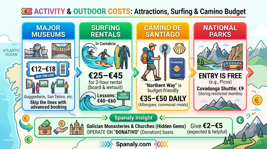 Infographic of activity costs in Northern Spain including Guggenheim Museum tickets, surfing rentals in Cantabria, Camino de Santiago daily budget, and Picos de Europa shuttle fees.
