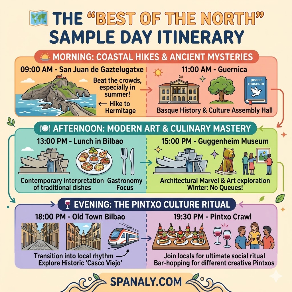 A colorful vector infographic outlining a perfect day itinerary in Northern Spain, featuring morning hikes at San Juan de Gaztelugatxe, afternoon modern art at the Guggenheim Museum in Bilbao, and an evening pintxo crawl.