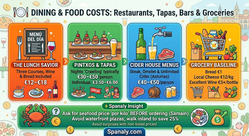 Infographic of food costs in Northern Spain, featuring Menu del Dia prices, Pintxos and Tapas costs in San Sebastian, Asturian Cider House menus, and grocery baselines for local cheese and wine.