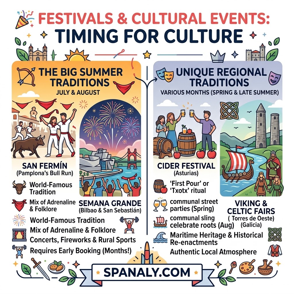 A colorful infographic for Northern Spain's cultural festivals, highlighting San Fermín in Pamplona, Semana Grande in Bilbao, and traditional cider and Viking festivals in Asturias and Galicia.