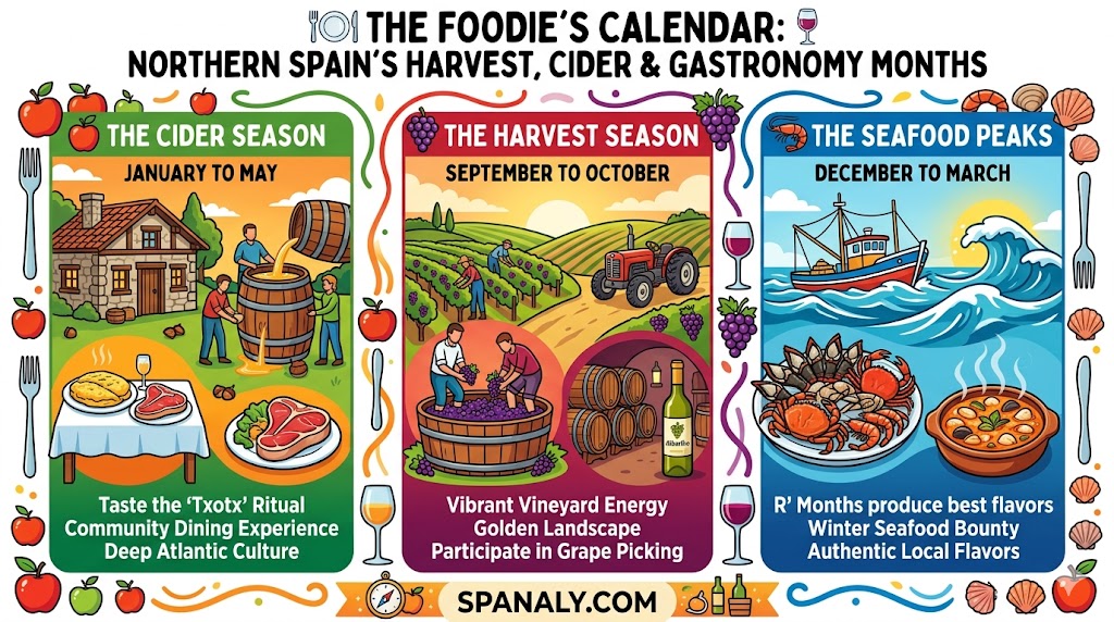 A vibrant infographic illustrating Northern Spain's culinary calendar: Cider season (Jan-May), Wine harvest (Sept-Oct), and Seafood peaks (Dec-Mar).