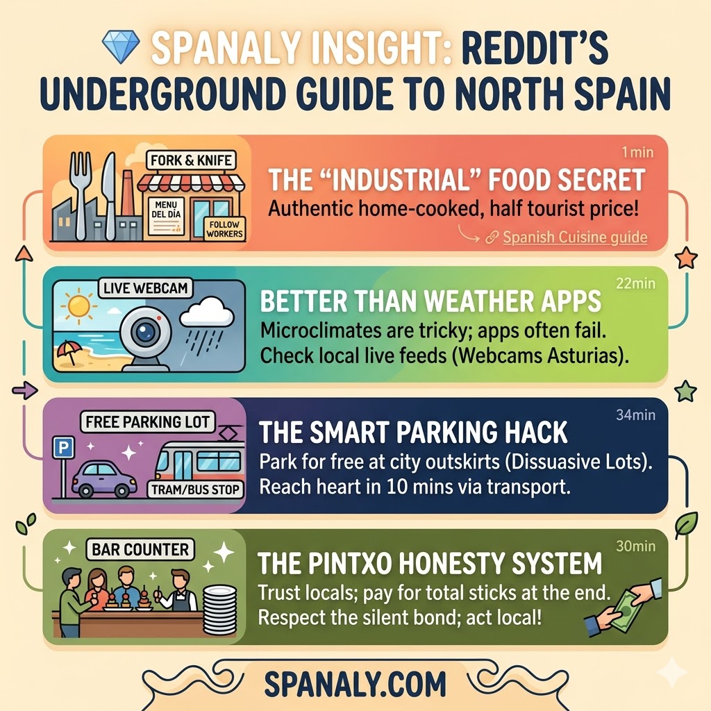 A colorful infographic showcasing insider travel tips for Northern Spain, including local food secrets, live weather webcam hacks, smart parking strategies, and pintxo bar etiquette.