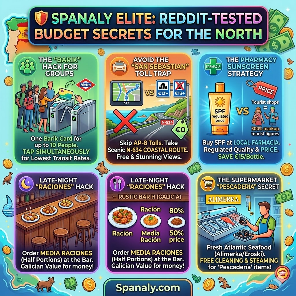 Infographic of insider travel tips for Northern Spain including the Barik card group hack, avoiding AP-8 tolls via the N-634 route, and pharmacy sunscreen savings.