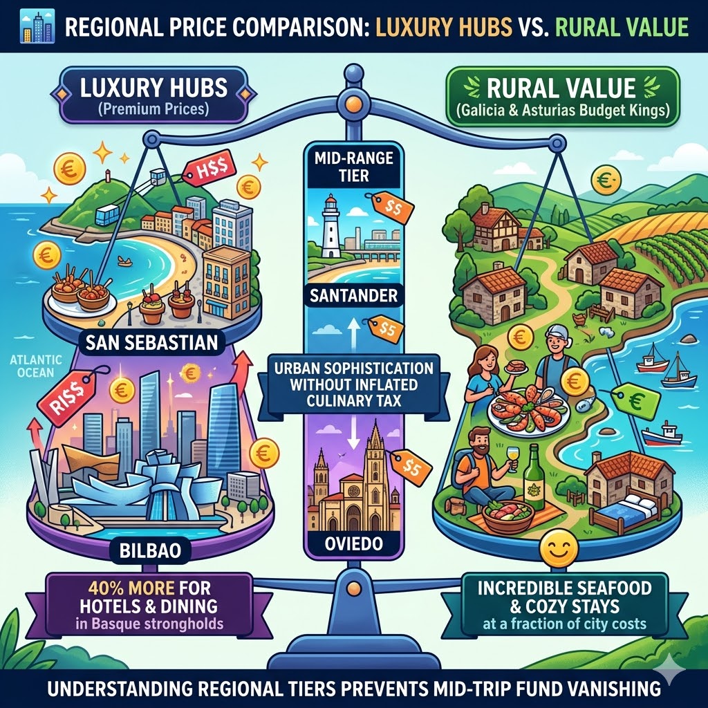 Infographic comparing travel costs in Northern Spain, highlighting luxury hubs like San Sebastian and Bilbao versus rural value areas in Galicia and Asturias with mid-range options in Santander and Oviedo.