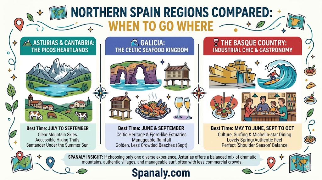 Colorful infographic comparing the best time to visit Asturias, Galicia, and the Basque Country for climate, scenery, and activities.