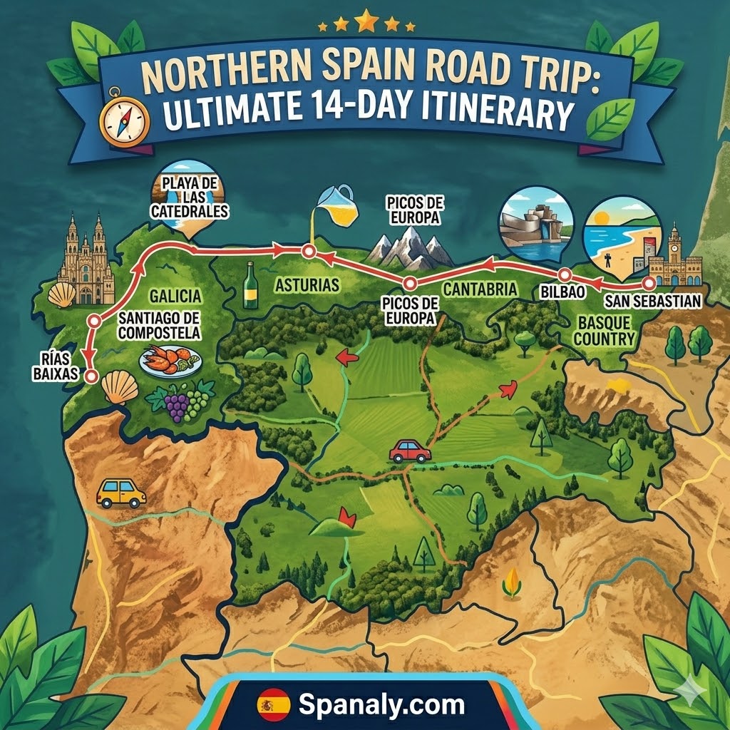 Epic map of Northern Spain road trip itinerary 2026 showing Bilbao, Picos de Europa, and Santiago de Compostela.