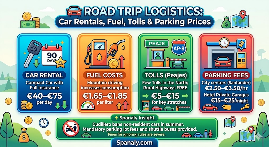 Infographic of road trip costs in Northern Spain, including car rental prices, fuel costs per liter, highway tolls on AP-8, and city parking fees in Santander.