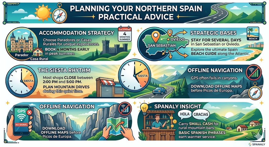Infographic for Northern Spain road trip planning featuring advice on Paradores accommodation, Siesta shop hours, offline GPS navigation in Picos de Europa, and local cash tips.