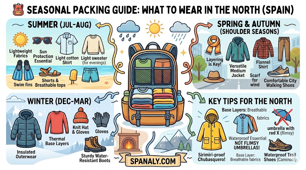 A colorful infographic illustrating the seasonal packing guide for Northern Spain, showing ideal clothing for summer, autumn, spring, and winter, along with essential key tips like waterproof gear.