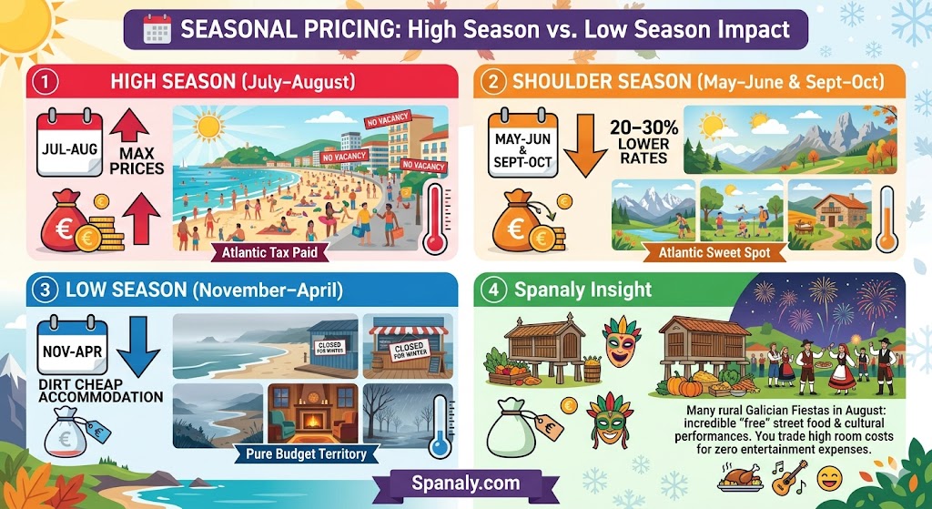 Infographic comparing Northern Spain travel costs across seasons, showing high season budget spikes in August, shoulder season savings, and low season dirt-cheap accommodation prices.