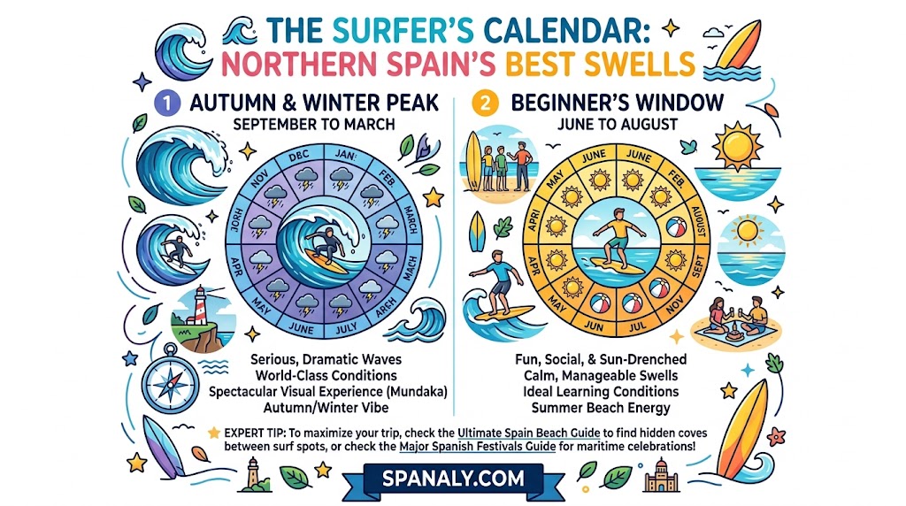 A colorful vector infographic illustrating Northern Spain's surfing calendar, comparing the Autumn & Winter peak (Sept-Mar) for experts with the Summer window (June-Aug) for beginners.