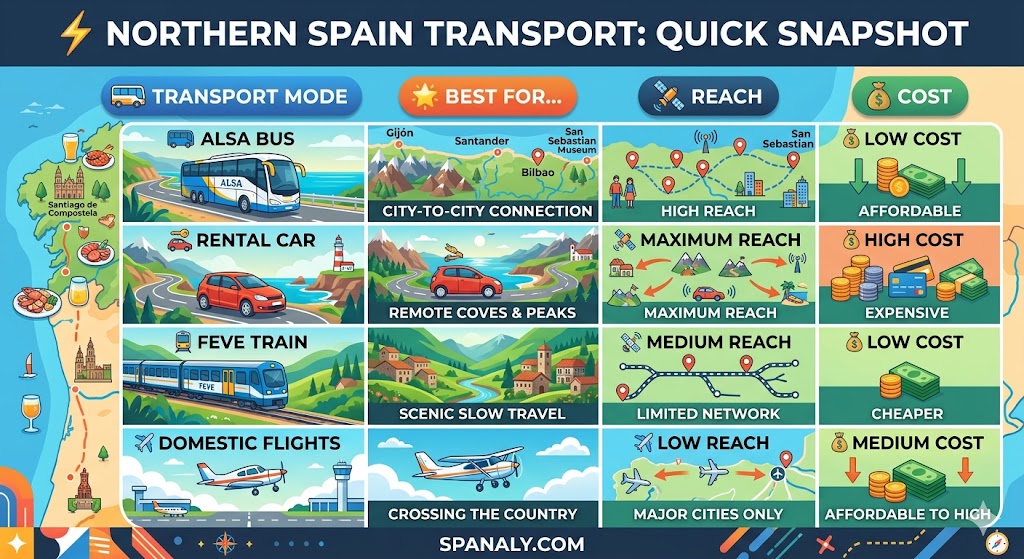 Infographic comparing transport modes in Northern Spain including Alsa bus, rental car, Feve train, and domestic flights.
