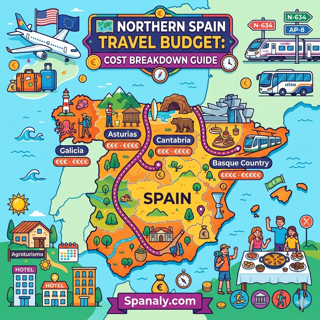 An epic infographic map of Northern Spain highlighting travel budgets for Galicia, Asturias, Cantabria, and the Basque Country, featuring icons for transport, dining, and accommodation.