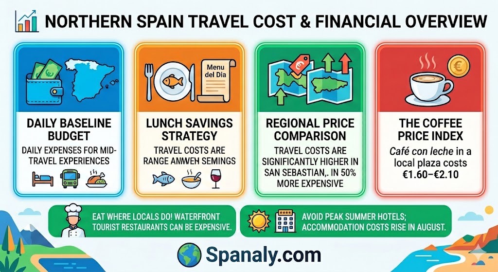 Infographic showing Northern Spain travel expenses including daily budget baseline, Menu del Dia prices, regional cost comparison between San Sebastian and Asturias, and coffee prices.