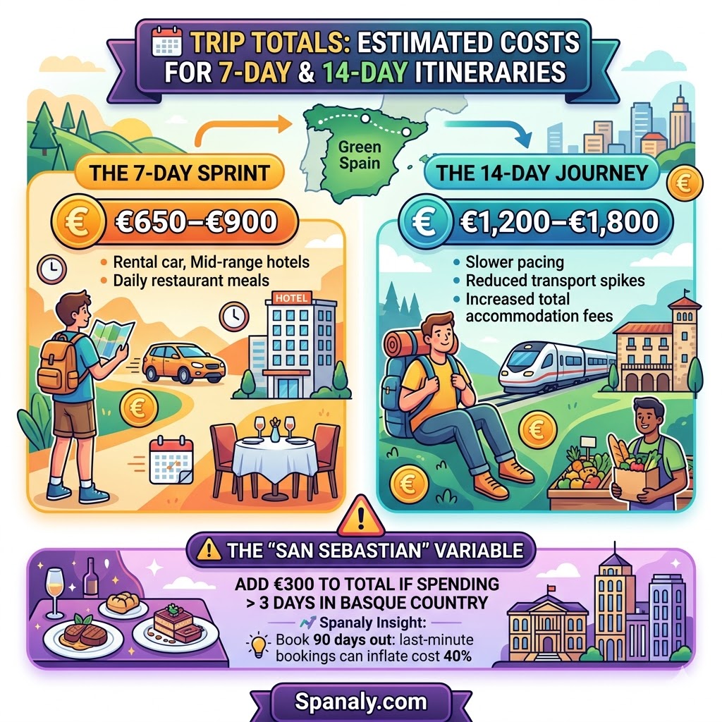 Infographic showing estimated travel costs for 7-day and 14-day itineraries in Northern Spain, including budget person ranges and the San Sebastian price variable.