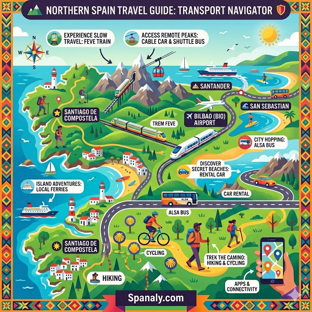 Epic infographic map of Northern Spain transport options including Feve train, Alsa bus, car rentals, and Camino hiking routes.