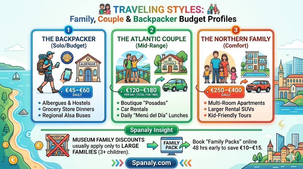 Infographic comparing daily budgets for backpackers, couples, and families in Northern Spain, including costs for albergues, posadas, rental SUVs, and family museum packs.