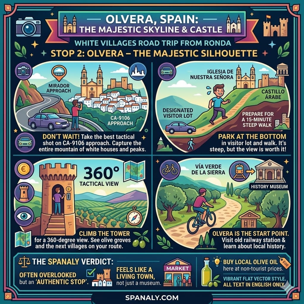 A tactical infographic of Olvera, Spain, showcasing the majestic skyline, the CA-9106 approach for photography, the Arab Castle tower, and the Vía Verde de la Sierra cycling route.