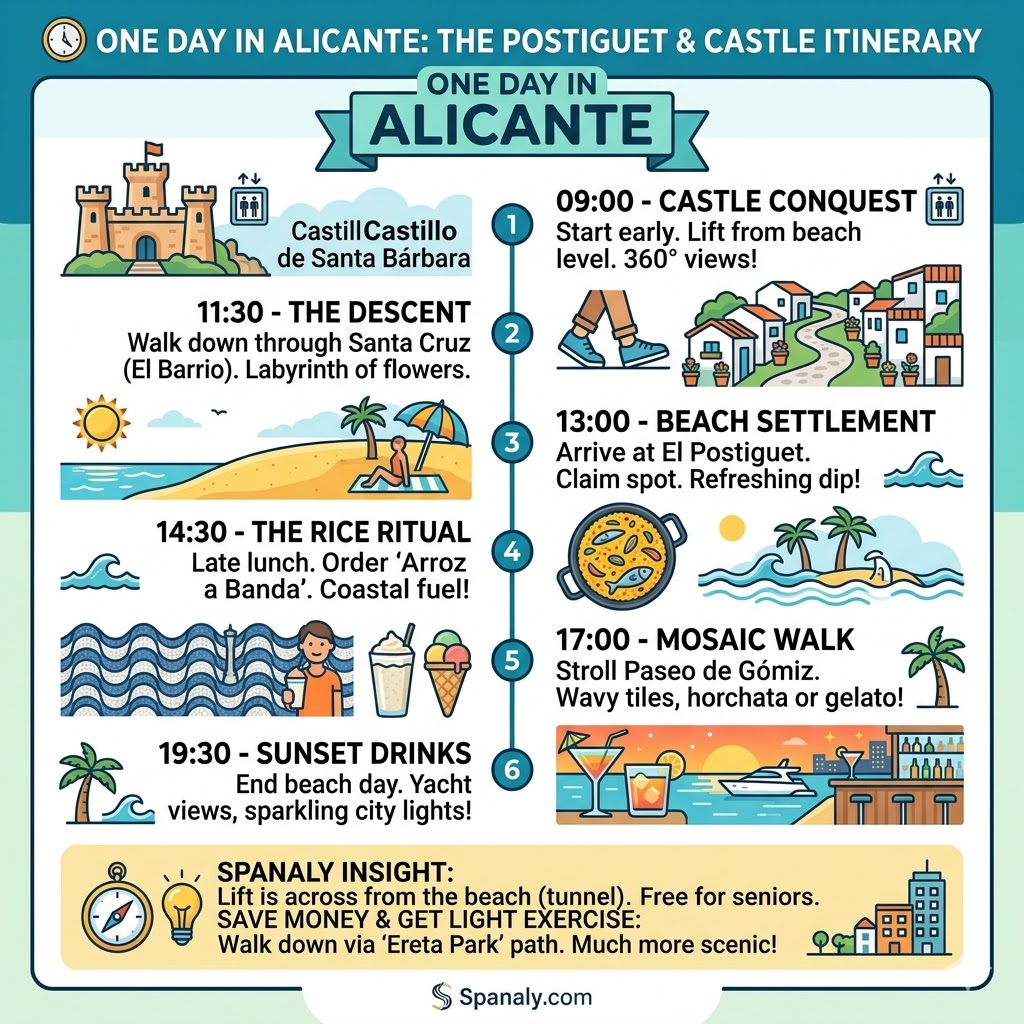 A step-by-step itinerary infographic for a perfect day in Alicante, including Santa Barbara Castle, Santa Cruz neighborhood, El Postiguet Beach, and sunset at the harbor by Spanaly.com