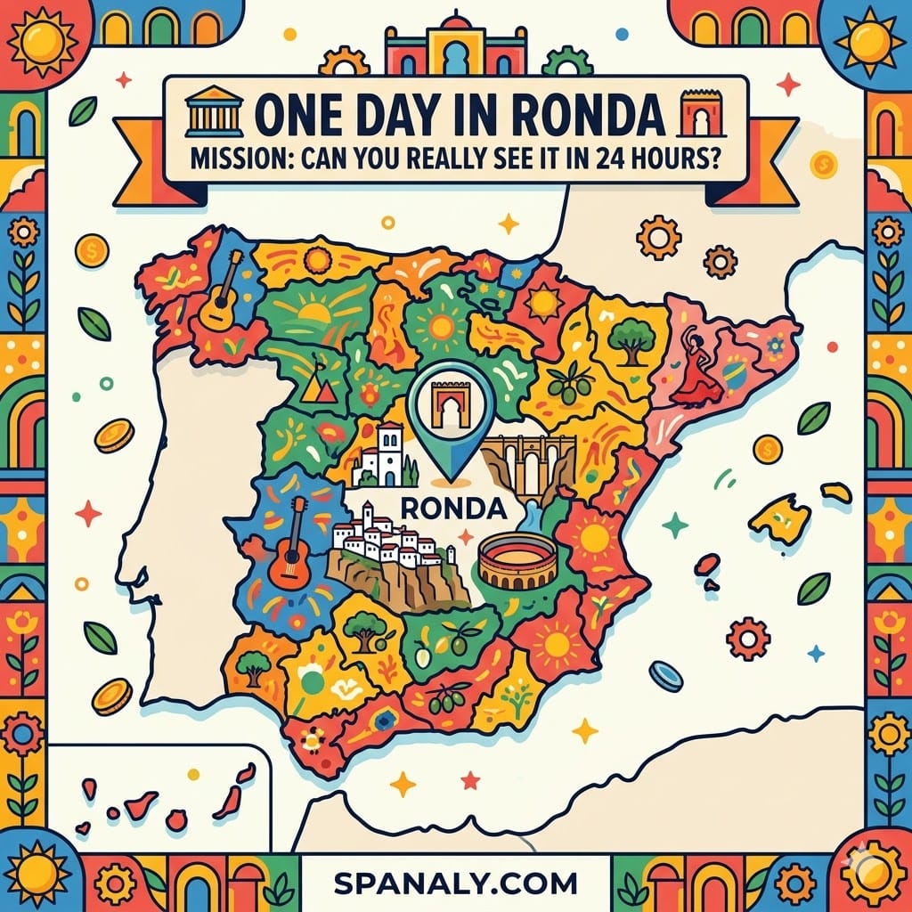 Epic infographic map of Spain highlighting Ronda with icons of Puente Nuevo, Plaza de Toros, and Andalusian white buildings for a one-day travel guide.