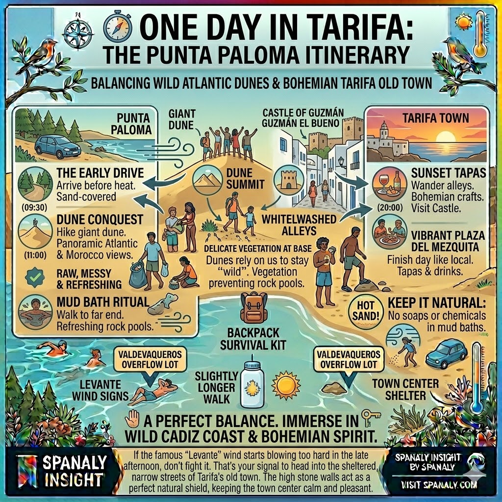 A visual itinerary for one day in Tarifa and Punta Paloma featuring morning dune hikes, afternoon mud baths, and evening tapas in the old town.