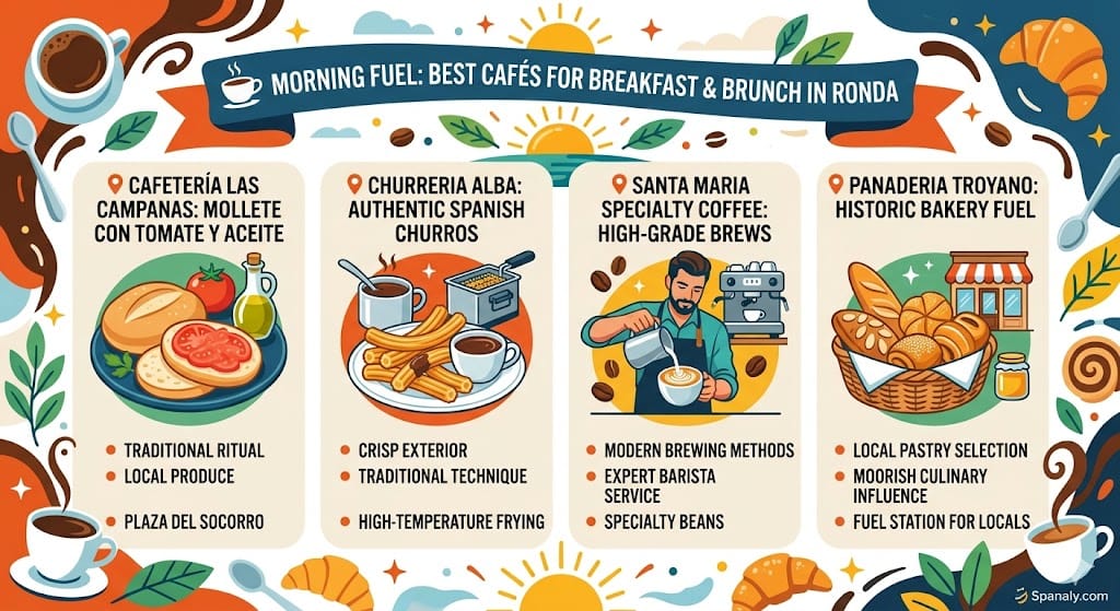 A colorful flat vector infographic illustrating 'Morning Fuel: Best Cafés for Breakfast & Brunch in Ronda' on Spanaly.com, featuring icons and technical points for Cafetería Las Campanas, Churreria Alba, Santa Maria Specialty Coffee, and Panaderia Troyano, with a rising sun and coffee curls.