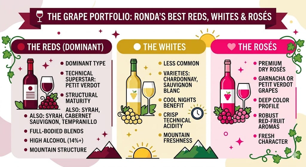 A colorful square infographic illustrating 'The Grape Portfolio: Ronda’s Best Reds, Whites & Rosés' on Spanaly.com, featuring three vertical panels with icons and technical data for reds, whites, and rosés, framed with grape and mountain elements.