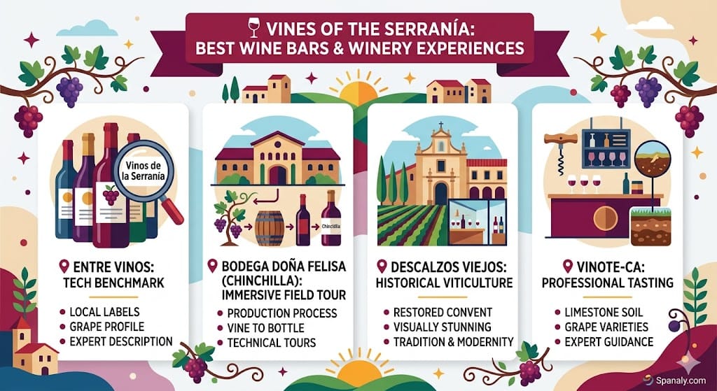 A colorful flat vector infographic illustrating 'Vines of the Serranía: Best Wine Bars & Winery Experiences' in Ronda, featuring icons for Entre Vinos, Bodega Doña Felisa, Descalzos Viejos, and Vinote-ca with analytical points.