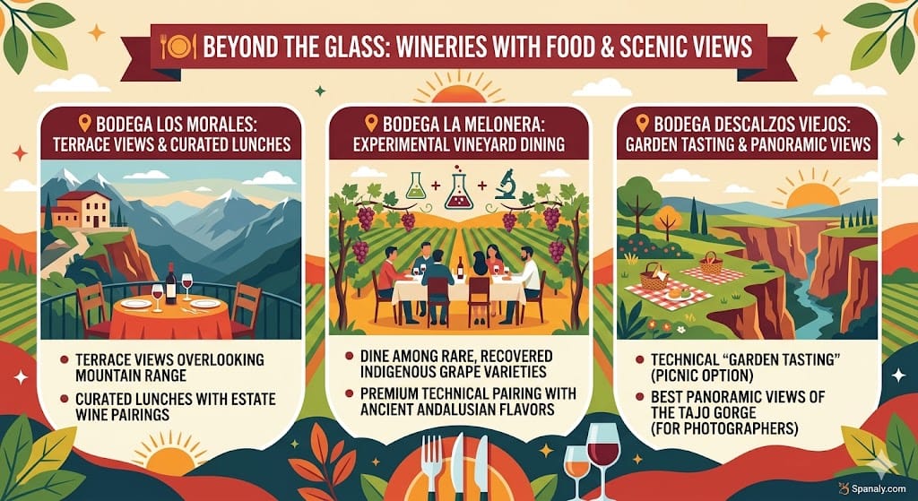 A colorful square infographic illustrating 'Beyond the Glass: Wineries with Food & Scenic Views' on Spanaly.com, featuring three vertical panels with icons and technical details for Bodega Los Morales, Bodega La Melonera, and Bodega Descalzos Viejos, framed with grape and leaf elements.