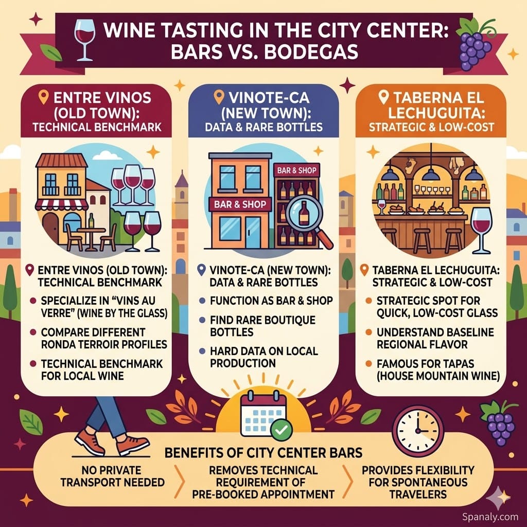 A colorful square infographic illustrating 'Wine Tasting in the City Center: Bars vs. Bodegas' in Ronda on Spanaly.com, featuring three vertical panels with icons and technical data for Entre Vinos (Old Town), Vinote-ca (New Town), and Taberna El Lechuguita, framed with city and wine elements.