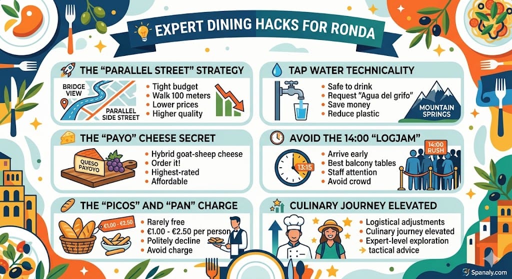 A colorful flat vector infographic illustrating 'Expert Dining Hacks for Ronda' on Spanaly.com, featuring six panels with icons and technical points for Parallel Street Strategy, Tap Water, Payo Cheese, avoiding 14:00 rush, bread charges, and culinary journey elevation, framed with food items.