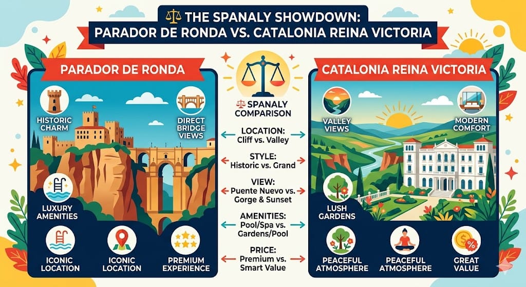 A vibrant flat vector infographic generated for 'Where to Stay in Ronda: Best Hotels with Cliffside Views,' presenting 'The Spanaly Showdown' between Parador de Ronda and Catalonia Reina Victoria with comparative icons.