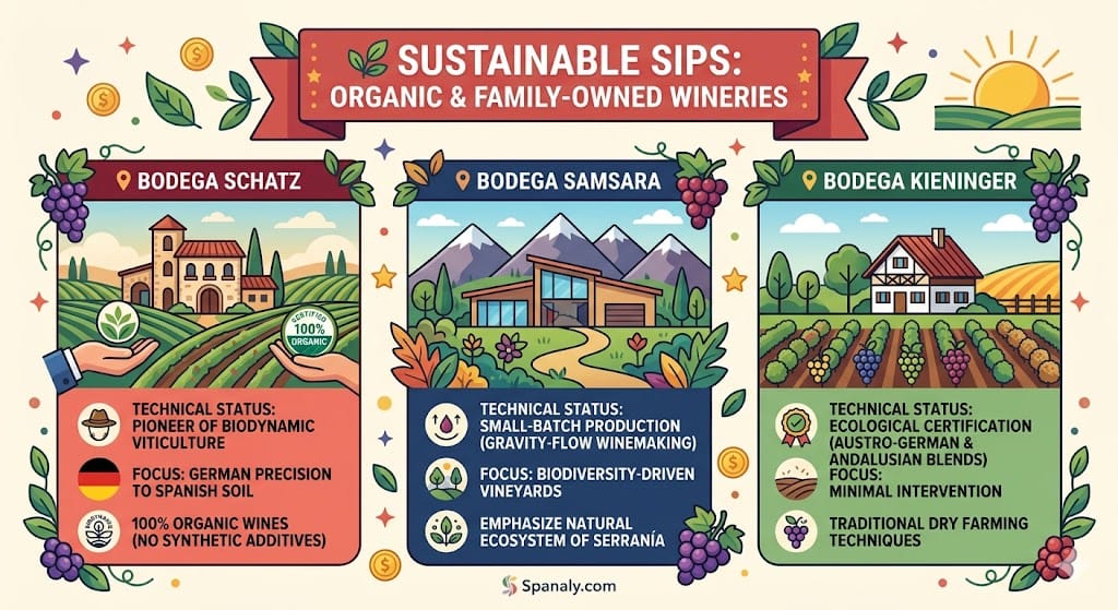 A colorful square infographic illustrating 'Sustainable Sips: Organic & Family-Owned Wineries' on Spanaly.com, featuring three vertical panels with icons and technical details for Bodega Schatz, Bodega Samsara, and Bodega Kieninger, framed with grape and leaf elements.
