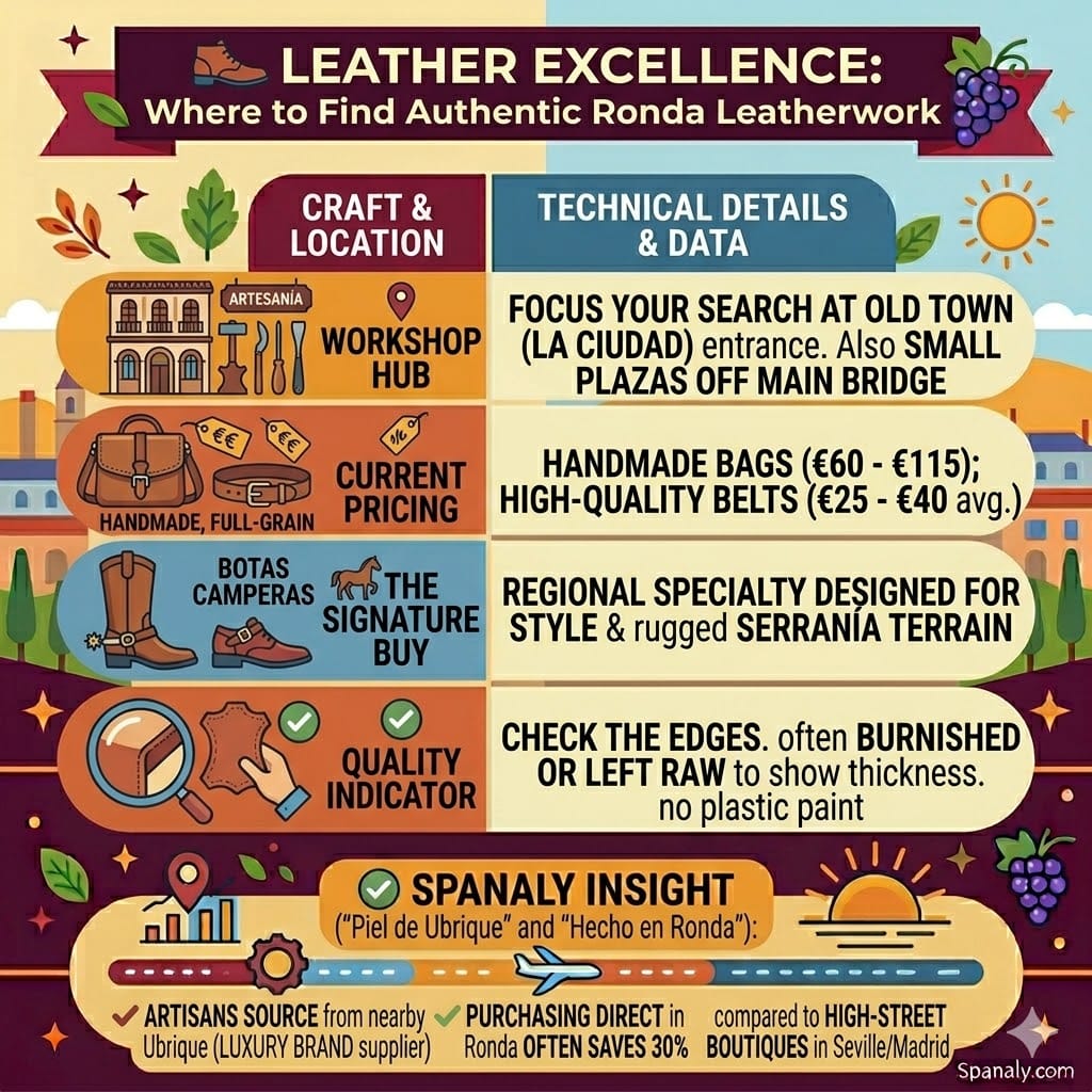 A colorful square infographic illustrating 'Leather Excellence: Where to Find Authentic Ronda Leatherwork' for a Ronda travel guide on Spanaly.com, featuring four vertical panels with icons and technical details for workshop hubs, current pricing, signature buys, and quality indicators, framed with leather workshop and city elements.