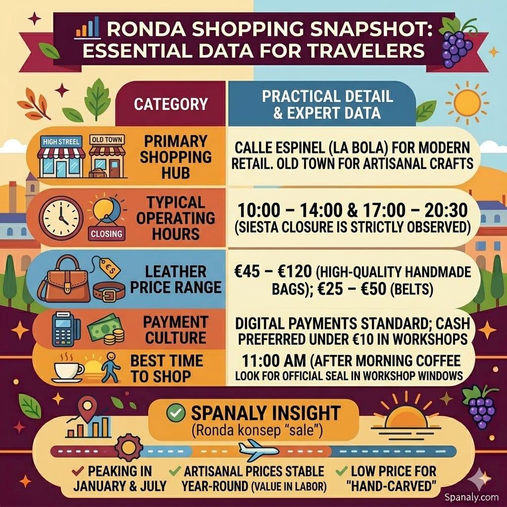 A colorful square infographic illustrating 'Ronda Shopping Snapshot: Essential Data for Travelers' on Spanaly.com, featuring six vertical panels with icons and technical data for shopping hubs, operating hours, leather prices, payment culture, best time to shop, and authenticity marker, framed with seasonal and city elements.