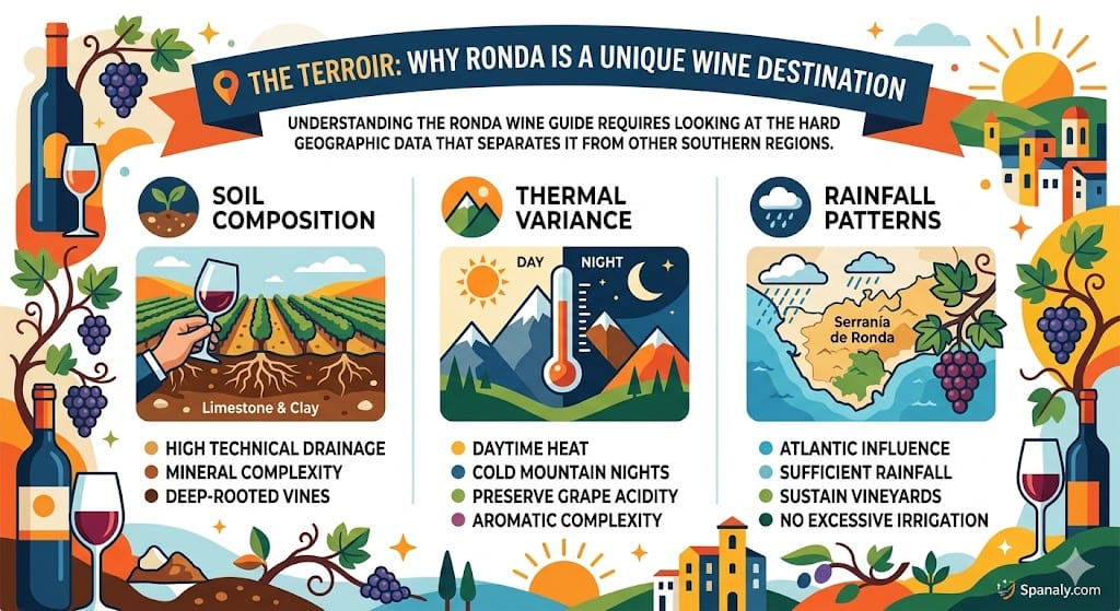 A colorful flat vector infographic illustrating 'The Terroir: Why Ronda is a Unique Wine Destination' on Spanaly.com, featuring three vertical panels with icons and technical data for soil composition, thermal variance, and rainfall patterns, framed with vine and city elements.
