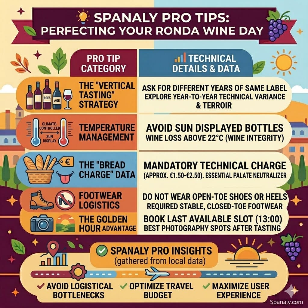 A colorful square infographic illustrating 'Spanaly Pro Tips: Perfecting Your Ronda Wine Day' for a Ronda wine guide on Spanaly.com, featuring five vertical panels with icons and technical details for vertical tasting, temperature management, bread charge, footwear, and the golden hour advantage, framed with seasonal and city elements.