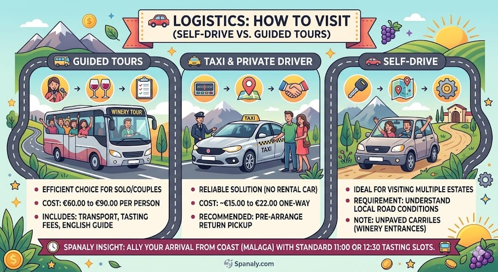 A colorful square infographic illustrating 'Logistics: How to Visit (Self-Drive vs. Guided Tours)' on Spanaly.com, featuring three vertical panels with icons and technical data for Guided Tours, Taxi & Private Driver, and Self-Drive, framed with winding roads and mountain elements.