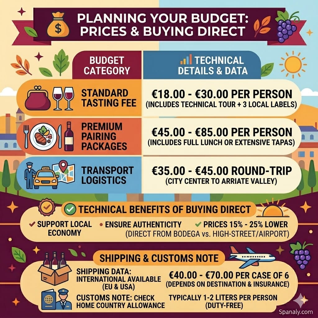 A colorful square infographic illustrating 'Planning Your Budget: Prices & Buying Direct' for a Ronda wine guide on Spanaly.com, featuring three vertical panels with icons and technical details for standard tasting fee, premium pairing packages, and transport logistics, framed with seasonal and city elements.
