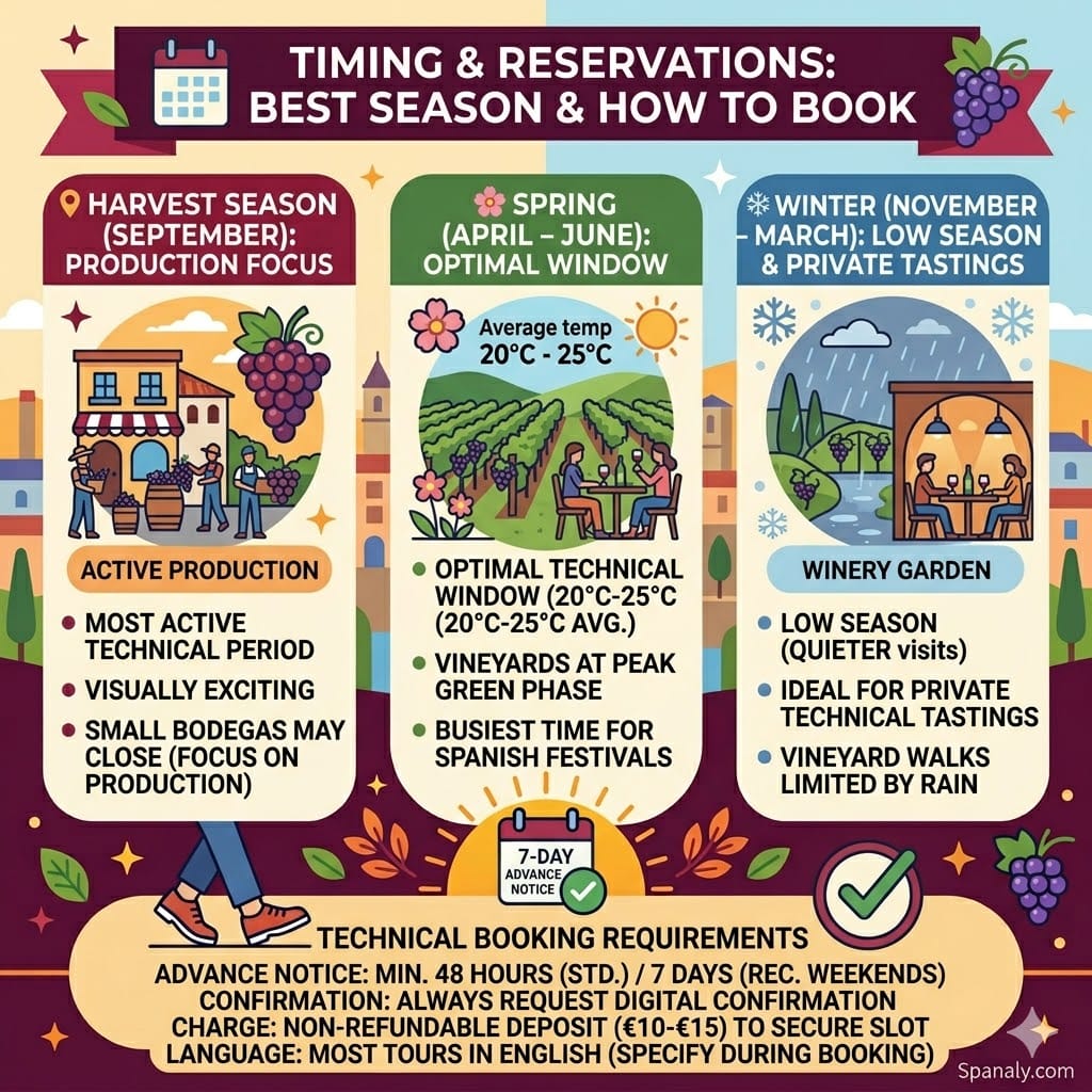 A colorful square infographic illustrating 'Timing & Reservations: Best Season & How to Book' for a Ronda wine guide on Spanaly.com, featuring three vertical panels with icons and technical details for harvest season, spring, and winter, framed with seasonal and city elements.