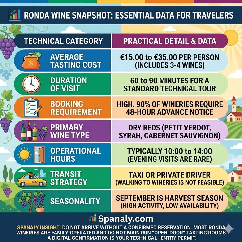 A colorful square infographic illustrating 'Ronda Wine Snapshot: Essential Data for Travelers' on Spanaly.com, featuring seven horizontal panels with icons and technical data for tasting cost, duration, booking requirement, wine types, operational hours, transit strategy, and seasonality, framed with leaves and stars.