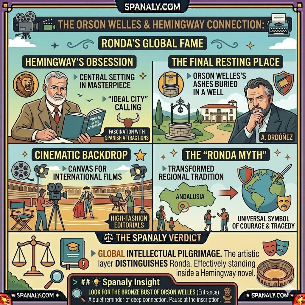 A colorful infographic exploring the global fame of Plaza de Toros de Ronda through its connection to Orson Welles and Ernest Hemingway, highlighting their artistic influence and legacy.