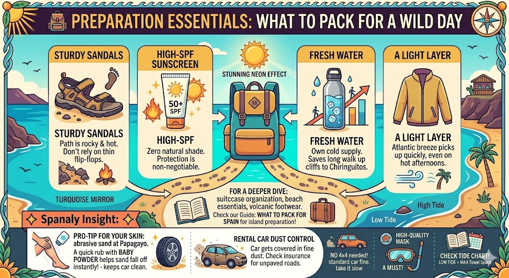 A comprehensive packing guide infographic for Playa de Papagayo in Lanzarote, featuring essentials like sturdy sandals, high-SPF sunscreen, fresh water, and Spanaly's baby powder hack for sand removal.