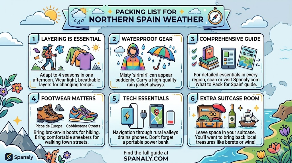 Colorful infographic of a packing list for Northern Spain weather, featuring layering clothes, waterproof gear, hiking boots, and travel tech essentials.