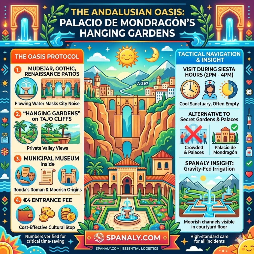 A detailed infographic titled 'THE ANDALUSIAN OASIS' for Palacio de Mondragón in Ronda, showcasing Mudejar patios, the cliffside hanging gardens with private valley views, the municipal museum, and tactical advice for visiting during siesta hours to find a cool, empty sanctuary.
