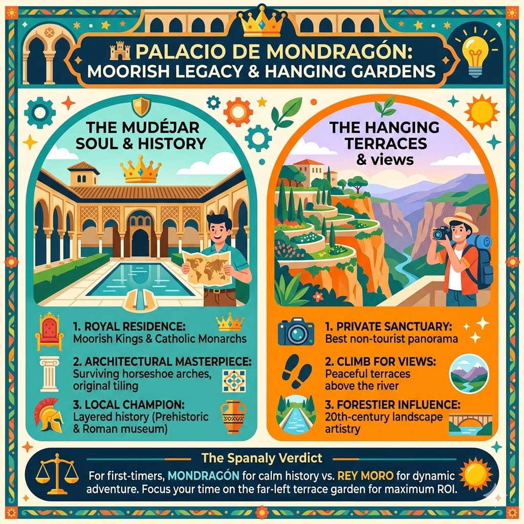 Detailed infographic of Palacio de Mondragón in Ronda showing the Mudéjar courtyards, hanging terraces with cliffside views, and historical museum highlights.
