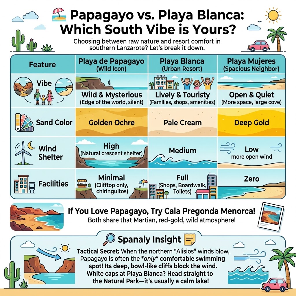A comparative infographic of Playa de Papagayo and Playa Blanca in southern Lanzarote, analyzing vibes, facilities, and wind shelter for travelers, including Spanaly's wind secret.
