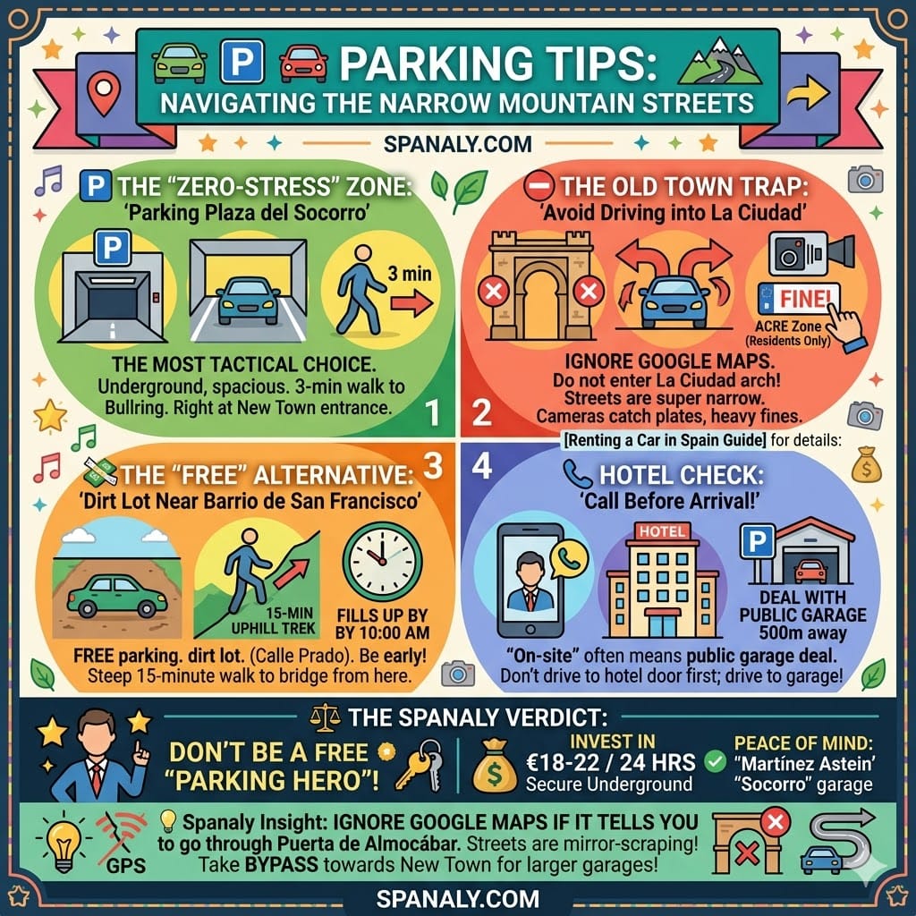 A comprehensive parking infographic for Ronda, Spain, highlighting the best underground garages like Plaza del Socorro, warning against the Old Town ACRE zones, and providing tactical driving advice to avoid narrow streets.