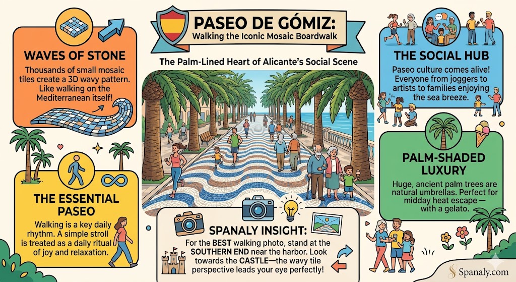 Colorful infographic of Paseo de Gómiz in Alicante featuring the iconic wavy mosaic floor, palm trees, and the local Spanish Paseo culture by Spanaly.com