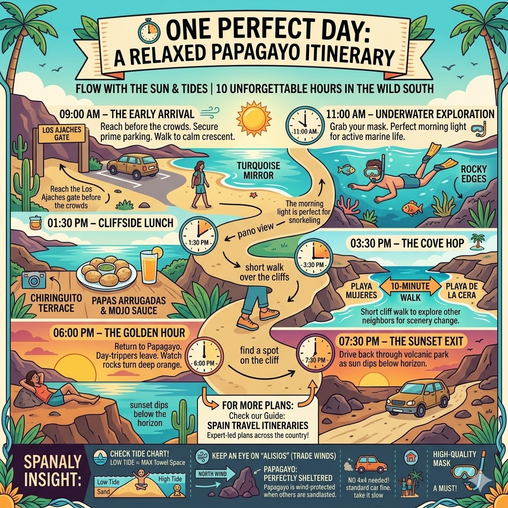 A detailed 10-hour travel itinerary infographic for Playa de Papagayo in Lanzarote, covering early arrival, snorkeling, cliffside lunch, cove hopping, and golden hour views.